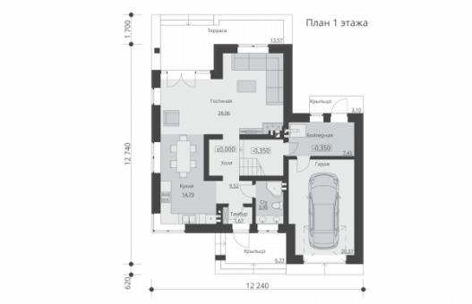 Проект двухэтажного жилого дома с гаражом и террасой