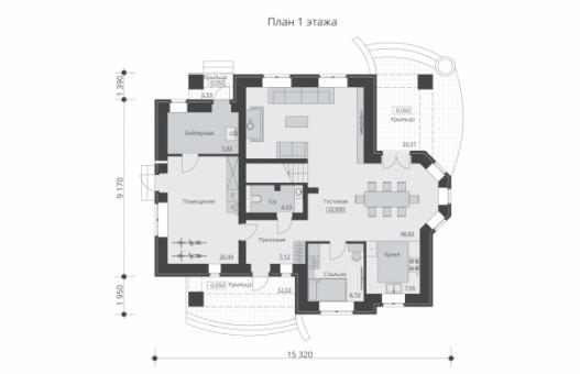 Одноэтажный дом с мансардой, четырьмя спальнями и балконами